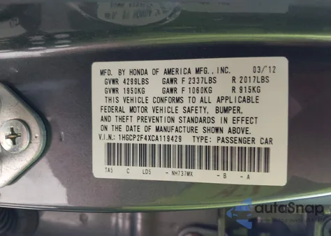 2012 Honda Accord 2.4 Lx-P z USA, uszkodzony, nr VIN 1HGCP2F4XCA119429